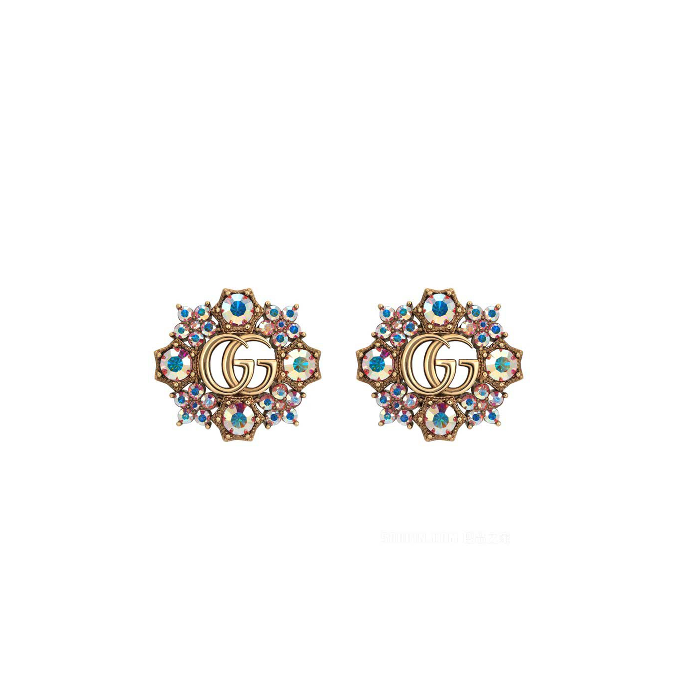 GUCCI DOUBLE G CRYSTAL FLOWER EARRINGS IN ANTIQUE GOLD TONE 753787
